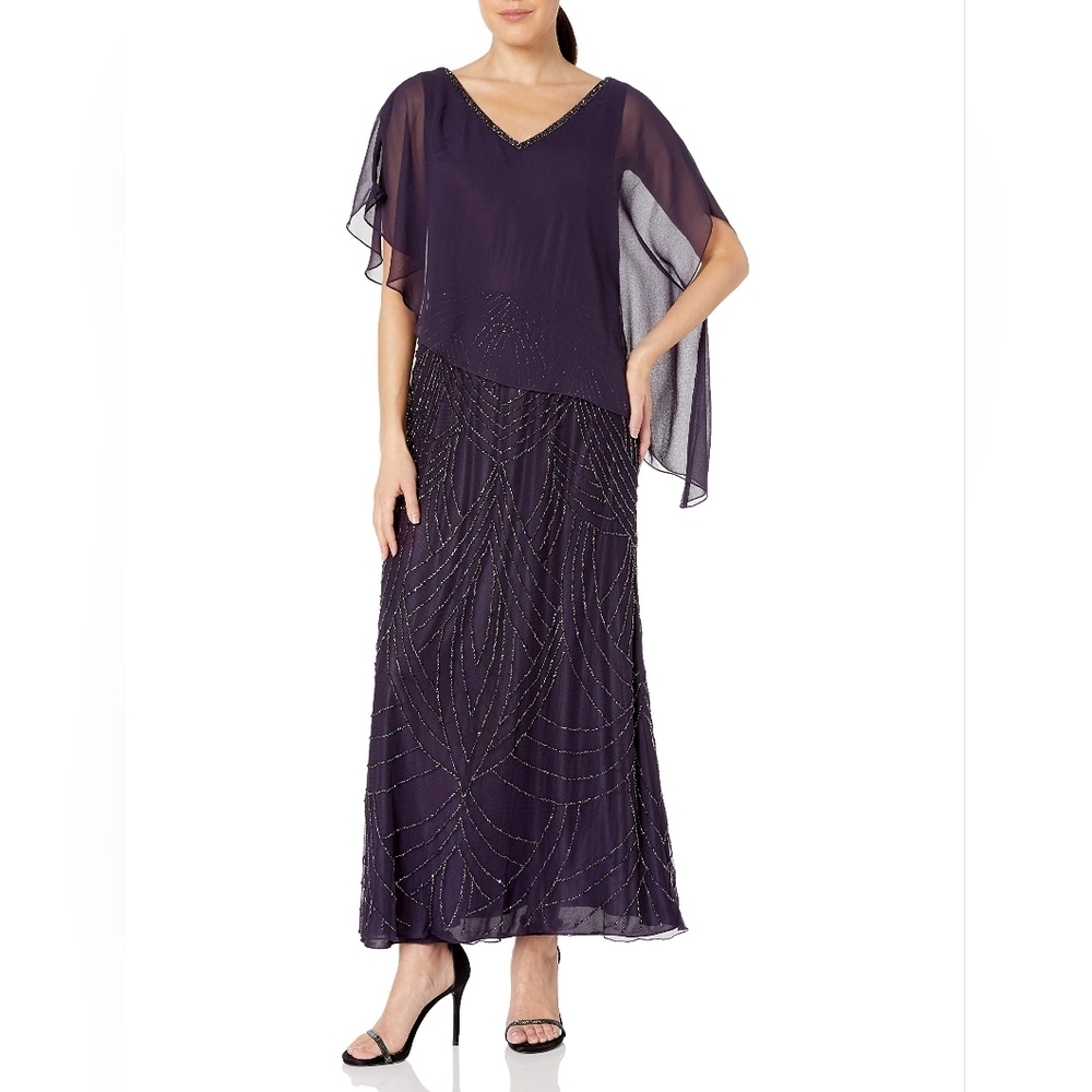 📣J Kara Women's Pop Over Gown 😍 Beaded Bottom 14  Plum/Wine 🆕 👗